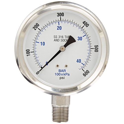 316 Stainless Steel Internals 0/30 psi Range Plastic Lens 1/4 Male NPT Connection Size 4 Dial Size PIC Gauge 301L-404C Glycerin Filled Bottom Mount Pressure Gauge with Stainless Steel Case 